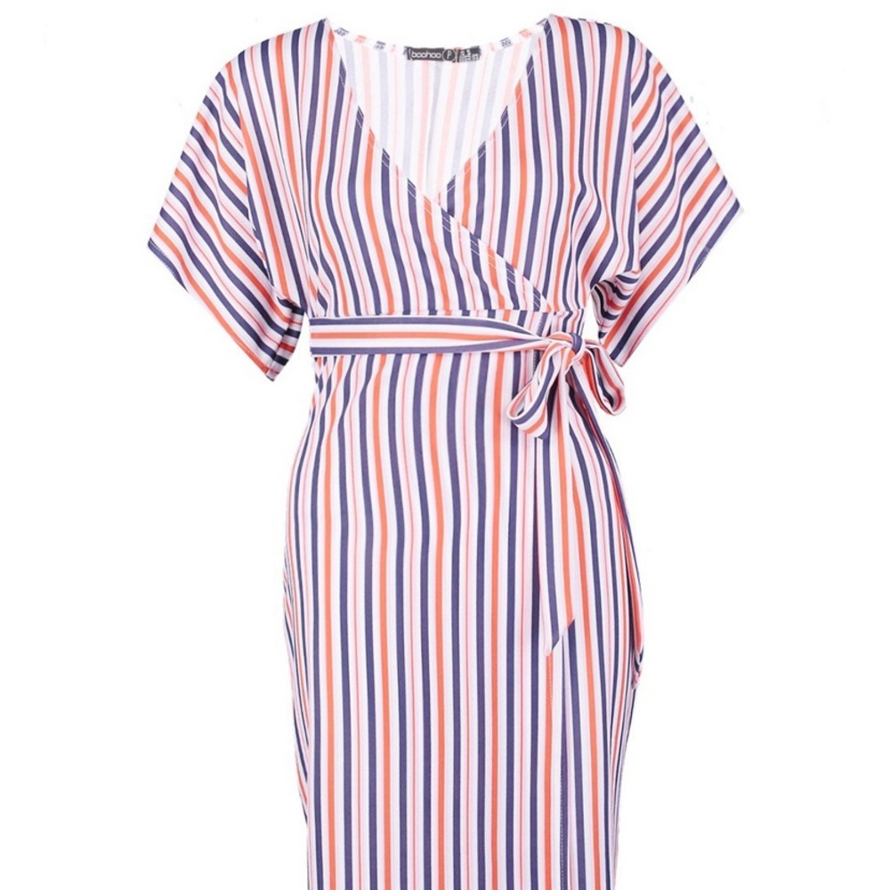 Boohoo Petite crepe stripe wrap midi dress